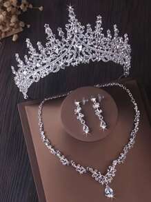 4 件套女士新娘婚礼金皇冠项链耳环精美婚礼派对配饰套装 - 生日派对、选美比赛、舞台表演、皇冠耳环、项链、头饰 - 銀色 - 查看 3