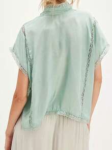 Women Summer Boho Tie Front Tank Top Lace Beach Vacation Y2k Coquette Button Down Short Sleeve Blouse Low Cut V-Neck Flowy Peplum Shirt Crop Tops Going Out Tops - 綠色 - 查看 2