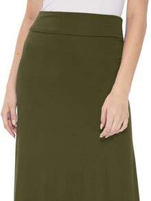 Maxi Length High Waist Foldable Waistband Solid Skirt  Plain  Casual  Elegant  Knitted Fabric        Home  Office  Street  Daily - 橄欖綠 - 查看 5
