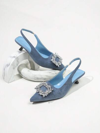 Sandali con punta chiusa da donna in taglie forti, sandali estivi con punta a punta, tacco alto, cinturino alla caviglia e fibbia con strass