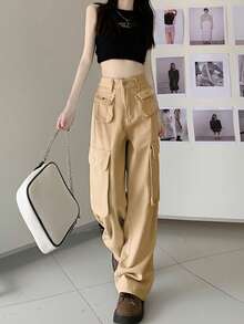 女士卡其色工装裤，新款休闲直筒复古棕色长裤，春秋