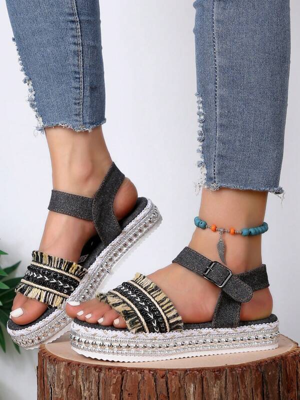 Women's Tassel Woven Sole Sandals, Summer Fashion Retro Rivets Peep Toe Sandals, Breathable Comfy Chunky Platform Heel Sandals
