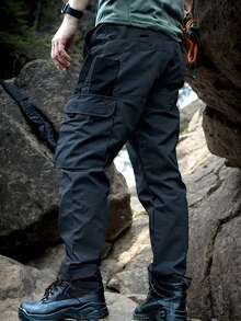 2Pcs Men's Solid & Camo Print Pockets Zipper Waterproof Tactical Cargo Pants Without Belt, Regular Fit Sporty Pockets Durability Trousers For Fall, Wear-Resistant Outdoor Training Pant For Men - Black+MICAI - 查看 4