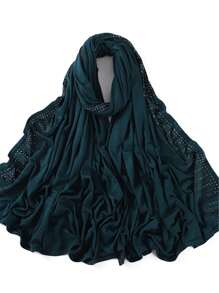 1 Stück Damen Jersey-Schal mit schwer bestickter Bordüre in Unifarbe, eleganter Strass-besetzter Schal mit Malay-Strass, langer Jersey-Hijab-Schal, afrikanisches Kopftuch, geeignet als Reise-, Urlaubs- und Party-Accessoire für Damen