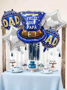 5pcs/Set Father's Day Decoration Balloons, Includes Father's Day Blue Gentleman Hat Balloon, "Feliz DIA Papa" Print, Blue Round "Happy Father's Day" Balloon, Silver Star, And "Happy Father's Day" Balloon, Suitable For Father's Day Party, Dad's Birthday Decorations, Best Father's Day Balloons, Indoor And Outdoor Decor - Multicolor - View 4