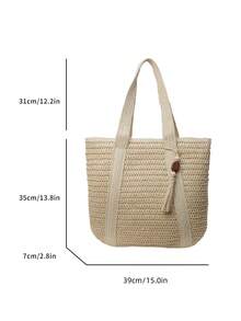 New Fashionable Versatile Tote Bag, Beach Vacation Bag, Lightweight Elegant Woven Design, Bohemian Style Small Shoulder Handbag, Large Capacity, Suitable For Women, University Students, Teenagers, With Tassel Pendant, Boho - Beige - View 13