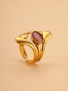 1 pieza Anillo de acero inoxidable con flor dorada y forma de corazón con gema falsa, apto para uso diario para mujeres