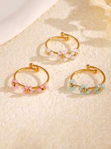 1 pieza de anillo decorativo de acero inoxidable de la serie de flores de colores de moda de verano, con diseños multicolor, blanco, rojo, morado y rosa, de diseño casual, versátil y elegante, apilable, adecuado para el uso diario, vacaciones y viajes de las mujeres, con accesorios enchapados en oro de 18K