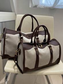 1pc Canvas Contrast Color Patchwork Fashion Duffle Bag,UnisexTravel Luggage,SuitableForOvernightS Tay, Commuting,Short-Distance Travel(Small Size Fo R Commuting,Large Size For Short-Trip) Back To School Supplies Bag For School School Accessories School Stuff - Coffee Brown - View 5