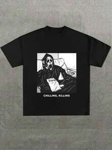 Spooky 'Ghostface' And Graphic Printed Casual Soft Short Sleeve Pure Cotton 220gsm T - Shirt - màu đen - Xem 1