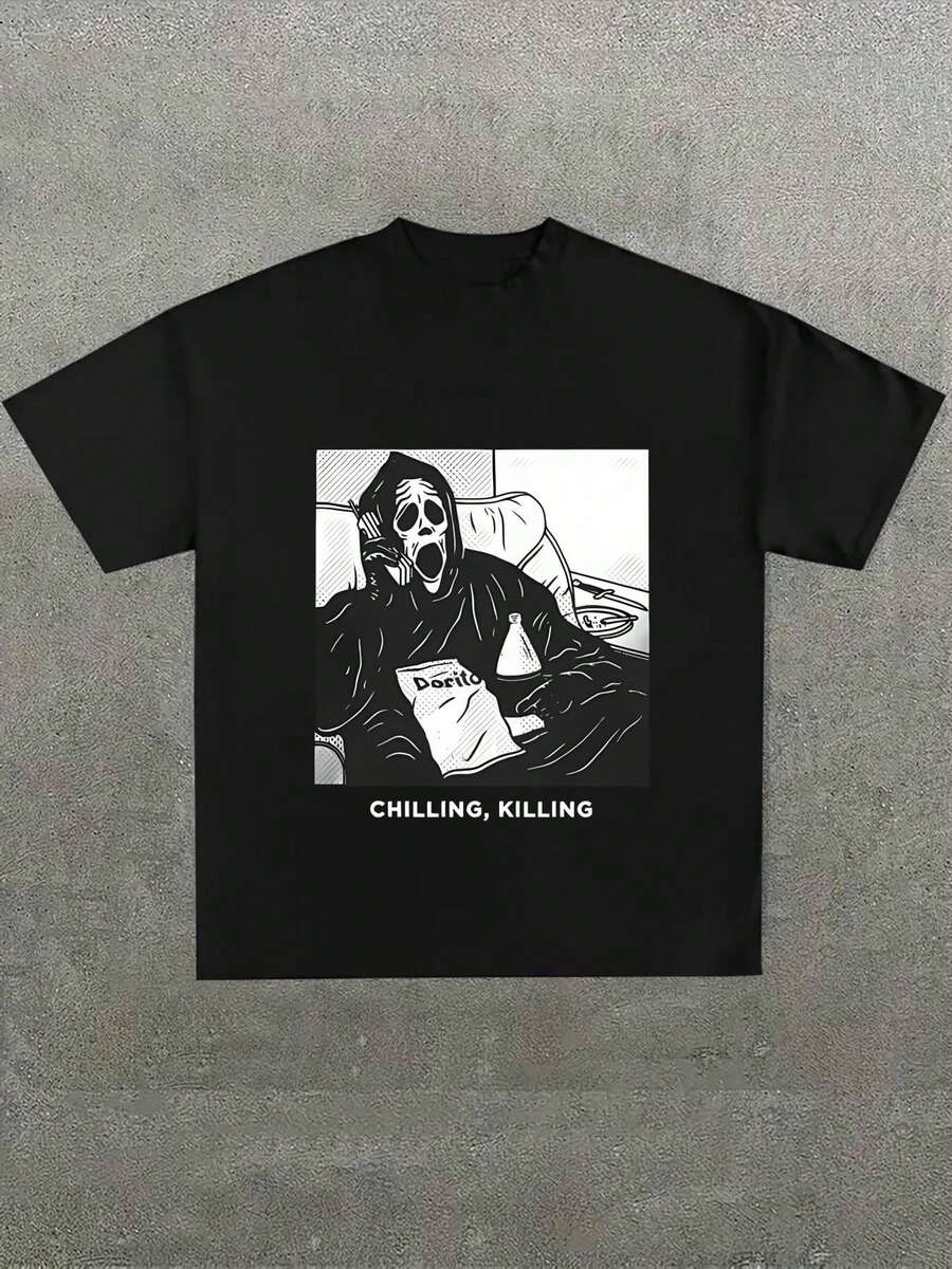 Spooky 'Ghostface' And Graphic Printed Casual Soft Short Sleeve Pure Cotton 220gsm T - Shirt - màu đen - Xem 1