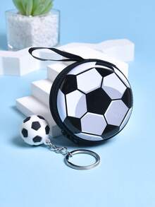 2入組男孩足球設計拉鍊錢包和耳機盒,帶足球吊飾鑰匙扣 - 黑色 - 查看 6
