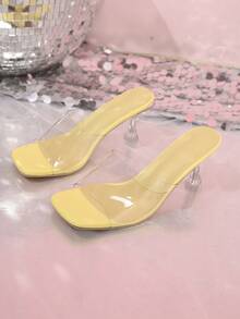 Giày sandal nữ trong suốt, mũi hở, gót thấp, màu vàng trong suốt, có nơ - Giày cao gót thoải mái, phù hợp cho kỳ nghỉ hè ở bãi biển, các buổi gặp gỡ hàng ngày và lễ tốt nghiệp. - Màu vàng - Xem 6