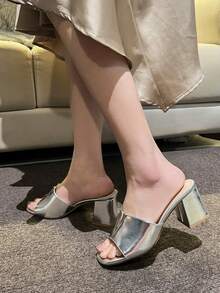 Mulți cu toc bloc cu vârf deschis Revreal pentru femei – Sandale șic cu slip-on, cu accent auriu în V, epocă, vară, elegantă, boemă - Argint - Vizualizare 1