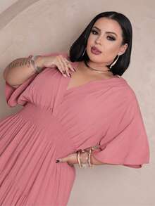 Plus Size Long Dress V Neck Short Sleeve - Burnt Pink - View 5