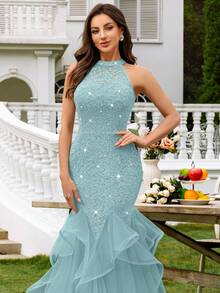 Vestido de fiesta largo con volantes, encaje floral con lentejuelas y contraste de malla sin espalda, elegante vestido de fiesta para damas, vestido de noche formal, vestido de baile, adecuado para invitados de boda, ceremonia de graduación, cena de gala y otras ocasiones - Azul menta - Ver 9