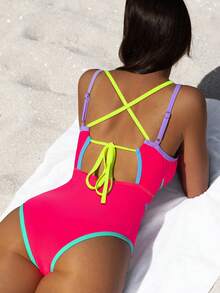 popvil Beach Vacation Deep V-Neck Color Block One-Piece Swimsuit - Hot Pink - View 4