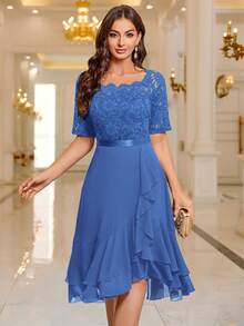 MIUSOL Floral Lace Patchwork Ruffle Hem Cocktail Party Dress, Formal Gown - Blue - View 6