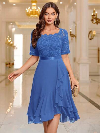 MIUSOL Vestido de cóctel campana con vuelo, encaje floral y bajo con volantes, vestido de graduación