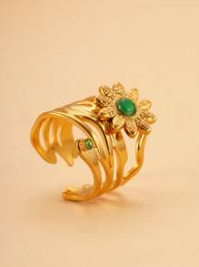 1 pieza Anillo de acero inoxidable con flor dorada y forma de corazón con gema falsa, apto para uso diario para mujeres