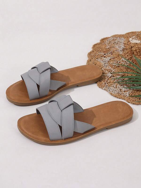 Women's Fashion Lightweight Solid Color Polyurethane Leather Casual Slip-On Sandals, Suitable For Indoor And Outdoor, Spring/Summer