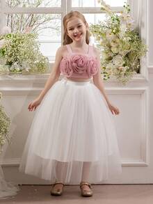 Tween Girls' Mesh Valentine's Day Party Princess Dress, Suitable For Children's Birthday Party, Flower Girl, Wedding, Formal Occasion, Holiday Celebration - Pink - View 5