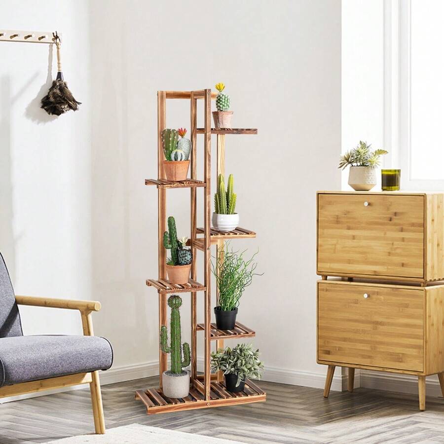 GOFLAME 6-Tier Flower Stand Wood Plant Flower Rack Freestanding Display Shelf - Khaki - View 1