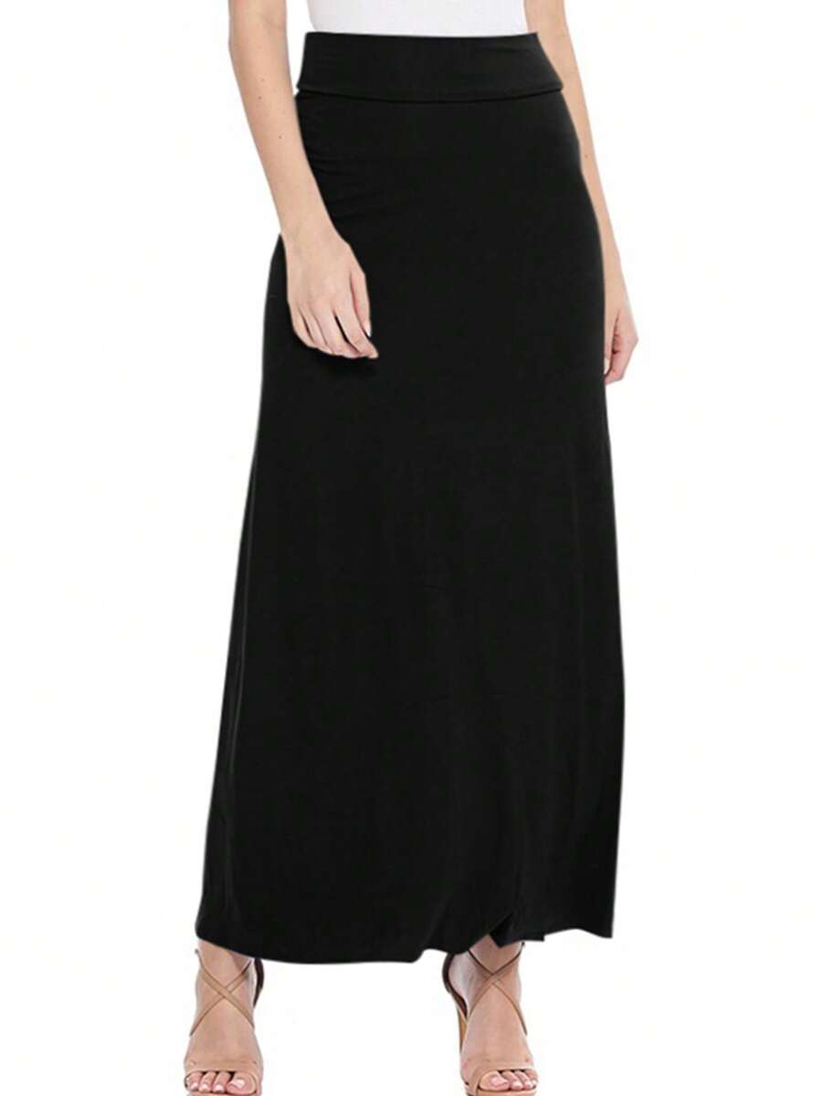 Maxi Length High Waist Foldable Waistband Solid Skirt  Plain  Casual  Elegant  Knitted Fabric        Home  Office  Street  Daily - màu đen - Xem 1