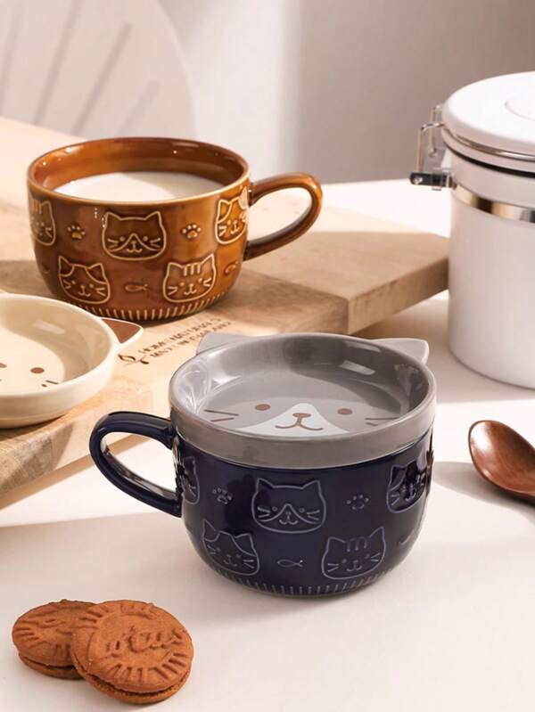 Set de taza cerámica con gatos y perros Shiba Inu de dibujos animados, 1 set (350ML), taza de café/desayuno/leche hogareña con tapa, segura para microondas, plato creativo para snacks, regalo de cumpleaños para volver a la escuela