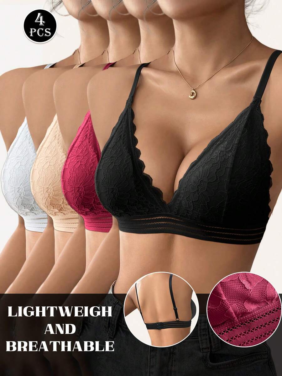 4pcs Women's Floral Lace Seamless Wireless Bra, Lift & Support