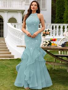 Vestido de fiesta largo con volantes, encaje floral con lentejuelas y contraste de malla sin espalda, elegante vestido de fiesta para damas, vestido de noche formal, vestido de baile, adecuado para invitados de boda, ceremonia de graduación, cena de gala y otras ocasiones - Azul menta - Ver 6