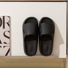 Premium Leather-Textured Slides, Wholesale Home Indoor Slippers - Pure Black - View 2