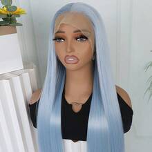Light Blue Color Hair Synthetic Lace Front Wigs Fashion Blue 13x4 Free Part 28 Inches Long Straight Wigs HD Lace Pre Plucked Baby Hair Natural Hairline Glueless Frontal Lace Replacement Wigs Ready To Wear Comfortable For Women Girls Party Movie Concert Makeup Use Daily Wear - Màu xanh nhạt - Xem 4