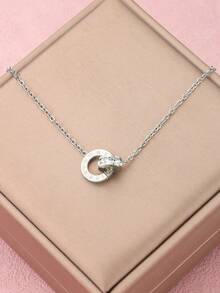1件银色奢华罗马数字双圆吊坠项链，立方氧化锆不锈钢圆形项链，女士饰品 - 銀色 - 查看 2