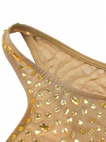 Fashion Elegant Women's Mesh Sparkling Rhinestone Gold See-Through Slim Sexy Long Graduation Dresses Festival - Apricot - View 6