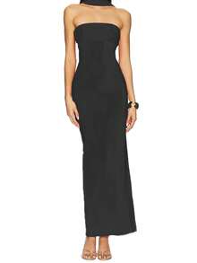Women's Summer Long Tube Dress Solid Color Strapless Ruched Slit Hem Backless Bodycon Dress With Scarf - 黑色 - 查看 6