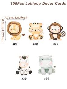 48个丛林动物主题棒棒糖托，纸质卡片，适用于生日、婴儿派对、婚礼、派对用品、节日装饰、情人节等场合。