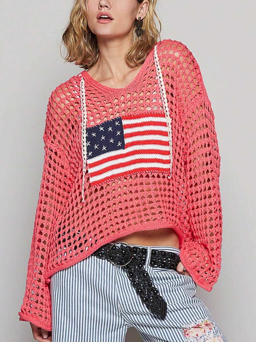 Women's American Flag Crochet Sweater Long Sleeve Hollow Out Lightweight Knit Hoodie 2025 Summer Beach Cover Up Tops - 紅色 - 查看 1
