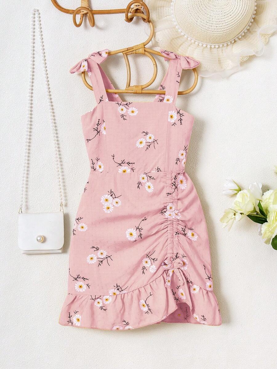 Flickor Casual Holiday Röd & Vit Rutig Strap Klänning, Blommönster Accent Söt volang fåll Design, Essential Summer Fresh Klänning - Babyrosa - Visa 1