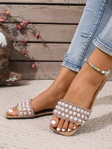 新款春夏时尚 H 设计平底凉鞋，休闲罗马风格一脚蹬拖鞋，舒适一脚蹬穆勒凉鞋，黑色、米色、棕色，坡跟，沙漠压花锁孔，法式高端，厚底沙滩凉鞋，简约室内外拖鞋，鳄鱼印花金属装饰平底带凉鞋 - 杏色 - 查看 3