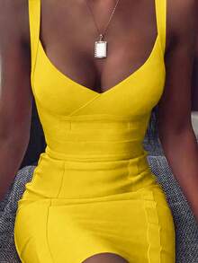 Summer Elegant Spaghetti Strap V Neck Short Bodycon Dress Women Ribbed Bandage Dress Sexy Yellow Night Out Cocktail Party Dress Clothes - Yellow - View 1