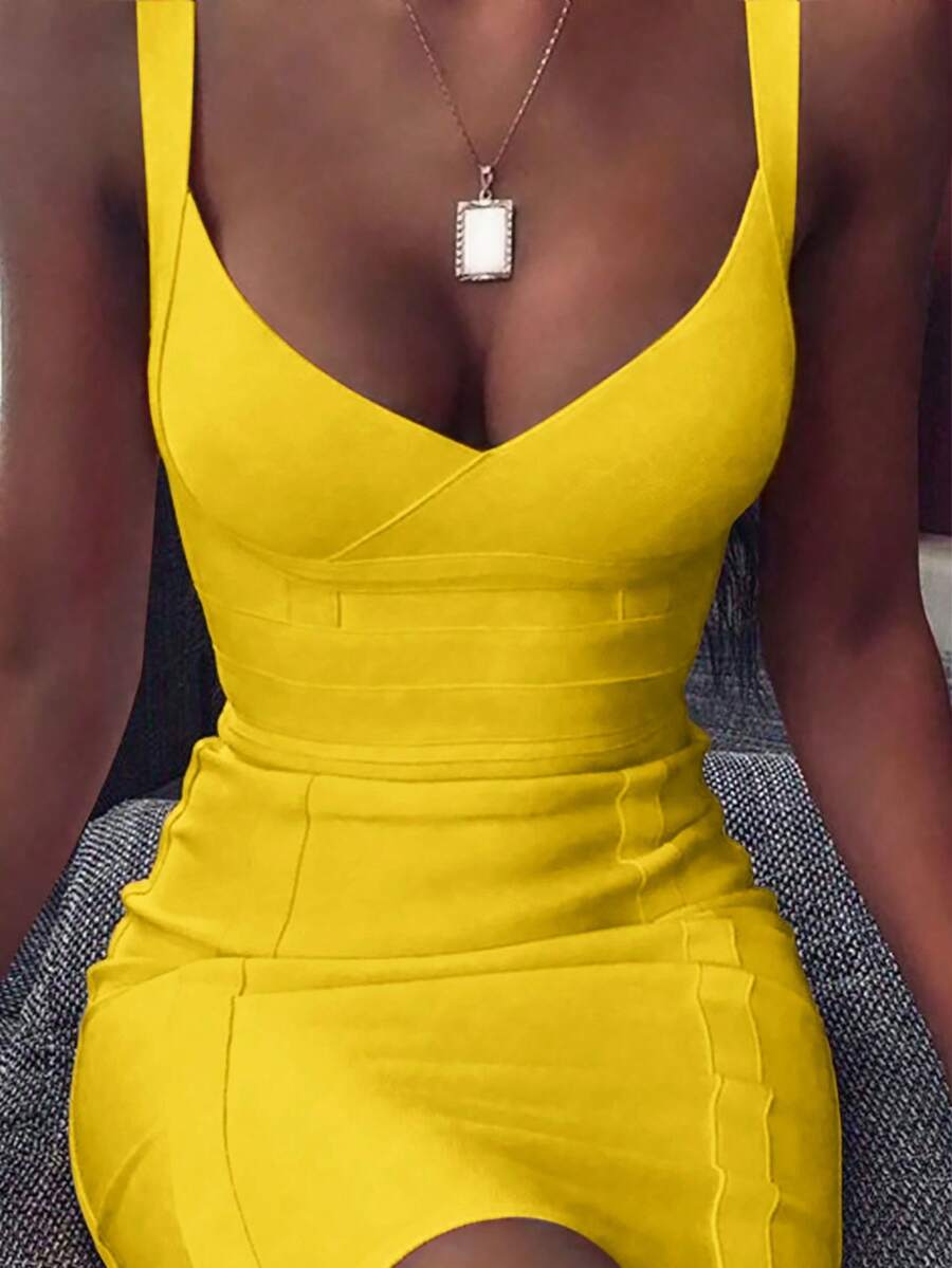 Summer Elegant Spaghetti Strap V Neck Short Bodycon Dress Women Ribbed Bandage Dress Sexy Yellow Night Out Cocktail Party Dress Clothes - Yellow - View 1