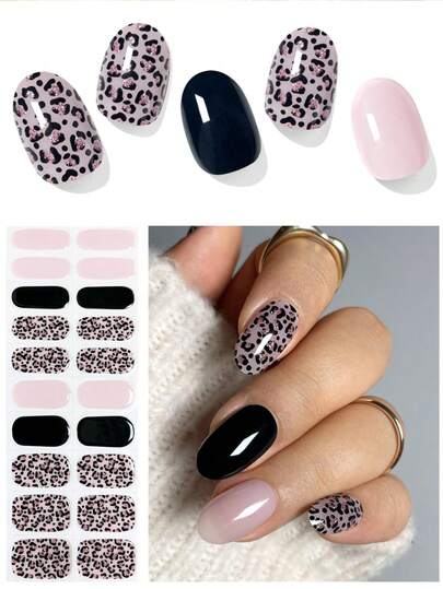 20/40pcs Semi-Cured Gel Nail Stickers (Pink Leopard Print), Purple, Salon Quality Durable Gel Nail Wraps, Requires UV Lamp Curing