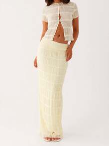 Women's Summer Outfits Solid Pleated Front Opening Crew Neck Short Sleeve Tops With Long Skirt 2 Pcs Set