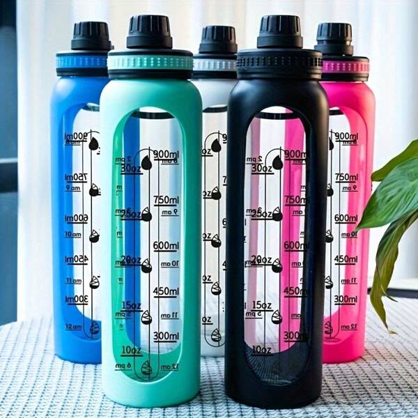 1 pieza Botella de agua de vidrio borosilicato de alta resistencia de 1000ml/33.84oz con funda de silicona y marcador de tiempo, a prueba de fugas, vaso portátil adecuado para gimnasio, fitness, regalos, viajes, actividades al aire libre