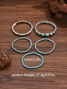 5pcs/Set Western Cowboy Style Vintage Simulated Turquoise Beaded Elastic Rope Bracelet Set, Unisex Daily Wear