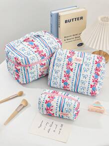 1PC Blue Striped Flower Makeup Bag, Quilted Portable Toilet Bag, Makeup Bag, Large Capacity Storage Bag, Suitable For Wallet, Lipstick, Sanitary Napkins, Pads, Coins, Keys, Earphones, Earphones And Accessories, Travel Storage Bag, Earrings, Bracelets, Necklace, Glasses, Sunglasses, Suitable For Women, Girls, Teenagers, Candy, Nurses, Female Students, Students, Gifts. Cosmetic Bag