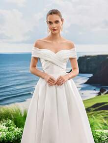 Elasola 亮面缎面露肩优雅晚礼服 白色A字仙女风新娘送礼会礼服 婚礼季 优雅