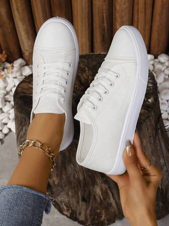 Plus Size Women's White Sneakers Fashion Casual Lace-Up Platform Shoes, Suitable For School And Daily Wear (Recommend Ordering 1 Size Up As The Shoes Run Small)