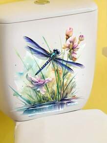 1 Pc Peach Lace Vivid Dragonfly Toilet Decal, Removable And Reusable Easy To Stick Suitable For Waterproof Floral Bathroom Decoration, Elegant Removable Home Aesthetic Art, Room Decoration